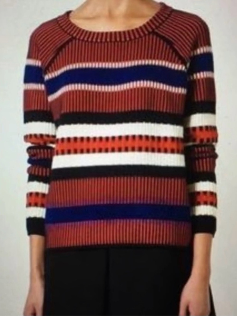 Tory Burch Merino Wool Mohair Designer Colorblocked Thick Knit Crewneck Sweater